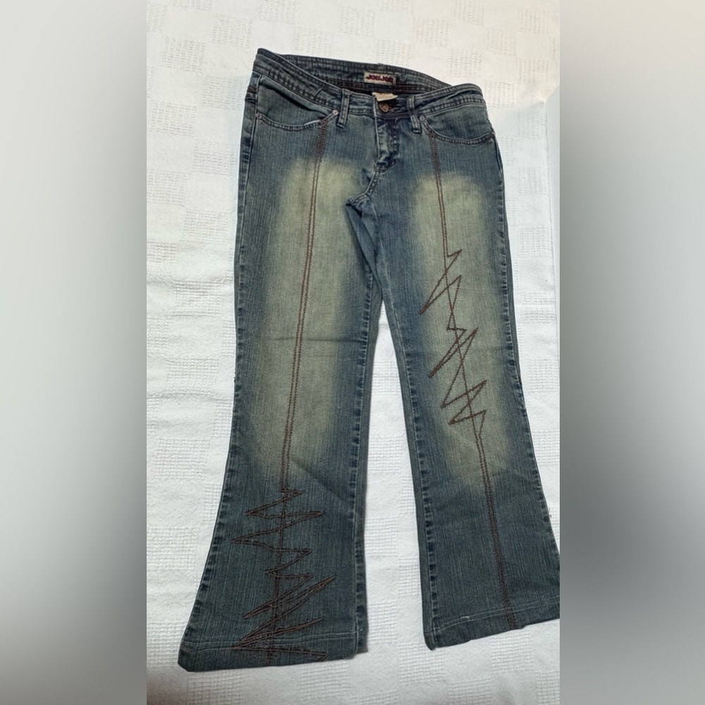 Y2K Jou Jou Gray Wide-Leg Jeans with Brown Zigzag Embroidery